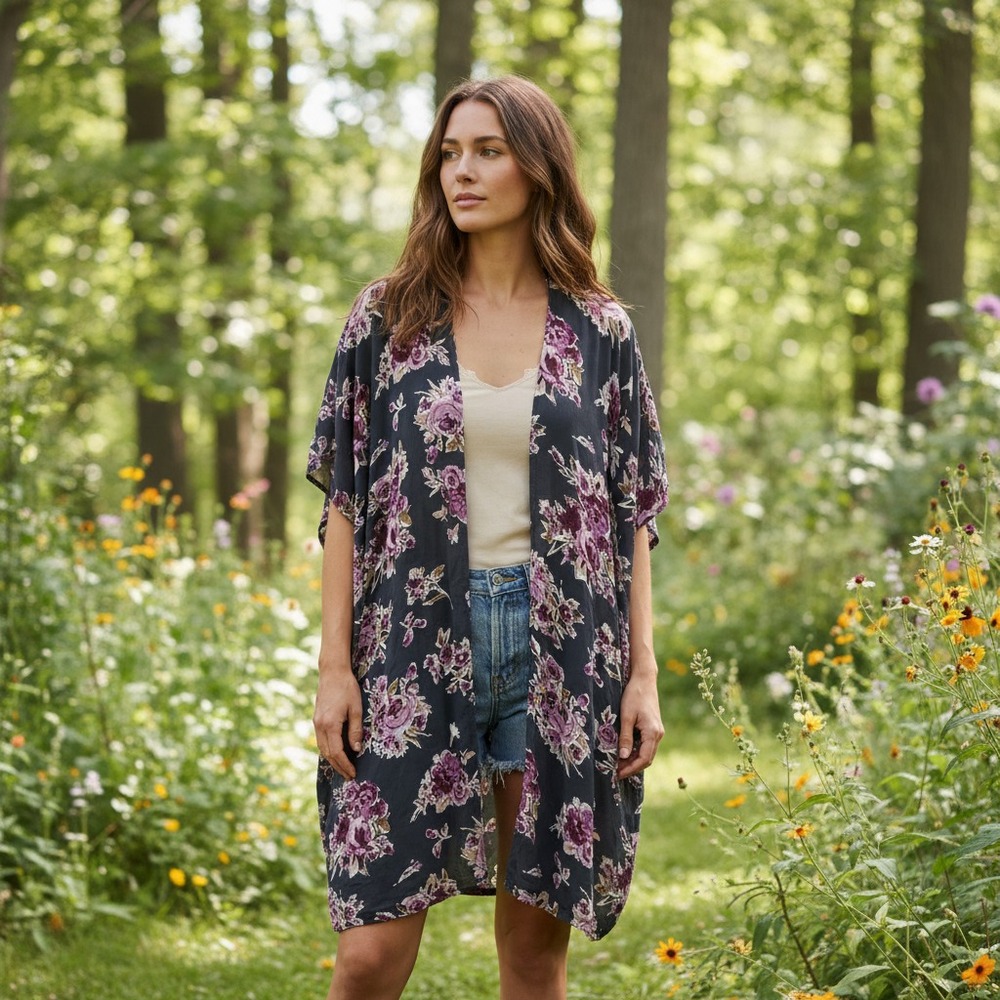 Angie M Kimono Top Gray Purple Floral Boho Cottage Moody Whimsigoth Flowy Fairy